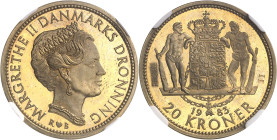 DANEMARK
Margrethe II (1972 à nos jours). Essai en bronze-aluminium de 20 kroner, 2e légende, Flan bruni (PROOF) 1983, Copenhague.
NGC PF 66 CAMEO (...