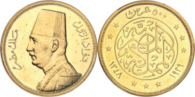 ÉGYPTE
Fouad Ier (1917-1936). 500 piastres, Flan bruni (PROOF) AH 1348 - 1929, Londres.
PCGS PR63 (AH 1351 sic!) (43947561).
Av. Légende en arabe. ...