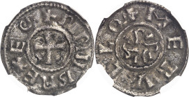 FRANCE / CAROLINGIENS
Pépin II d’Aquitaine (839-852). Denier ND (839-852), Melle.
NGC XF 45 (5788889-007).
Av. + PIPINVS REX EQ. Croix. 
Rv. + MET...