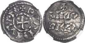 FRANCE / CAROLINGIENS
Pépin II d’Aquitaine (839-852). Denier ND, Limoges.
NGC XF 45 (5788890-100).
Av. + PIPINVS REX. Croix. 
Rv. Dans le champ : ...