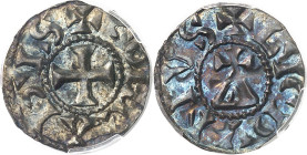 FRANCE / CAROLINGIENS
Bourgogne (royaume de), Conrad le Pacifique (937-993). Denier ND, Lyon.
PCGS MS62 (44135262).
Av. + CONRADVS. Croix. 
Rv. + ...