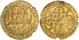 FRANCE / CAPÉTIENS
Philippe VI (1328-1350). Parisis d’or ND (1329).
NGC AU 58 (5788892-002).
Av. + PHILIPPVS: DEI: GRA: FRANCORVM: REX. Le Roi assi...