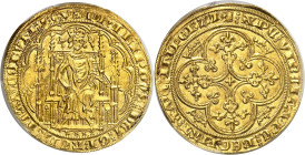 FRANCE / CAPÉTIENS
Philippe VI (1328-1350). Chaise d’or ND (1346).
PCGS MS64 (37132813).
Av. + PHILIPPVS: DEI: GRACIA: FRANCORVM: REX. Le Roi assis...