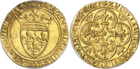 FRANCE / CAPÉTIENS
Charles VI (1380-1422). Écu d’or à la couronne, 1ère émission ND (1385), Lyon.
PCGS MS64 (44002770).
Av. + KAROLVSx DEIx GRACIAx...