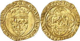 FRANCE / CAPÉTIENS
Charles VI (1380-1422). Écu d’or à la couronne, 4e émission ND (1394-1411), La Rochelle.
NGC MS 60 (6630860-025).
Av. + KAROLVSx...