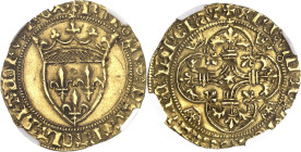 FRANCE / CAPÉTIENS
Charles VII (1422-1461). Écu d’or à la couronne 1er type, 3e émission ND (1424), Toulouse.
NGC AU 58 (5787365-009).
Av. +/* KARO...