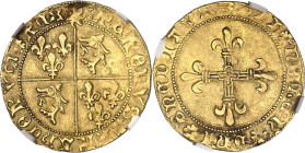 FRANCE / CAPÉTIENS
Charles VIII (1483-1498). Écu d’or au soleil du Dauphiné, 1er type ND, Grenoble.
NGC AU 55 (6389234-047).
Av. :KAROLVS * FRANCOR...