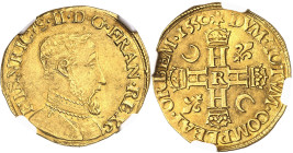 FRANCE / CAPÉTIENS
Henri II (1547-1559). Henri d’or, 1er type 1550, R, Villeneuve-lès-Avignon.
NGC MS 62 (1553 sic!) (5790008-015).
Av. HENRICVS. I...