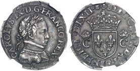 FRANCE / CAPÉTIENS
Charles IX (1560-1574). Teston 6e type dit “morveux”, cuirasse à plates 1562, OA, Orléans.
NGC AU 53 (5787364-002).
Av. CAROLVS....
