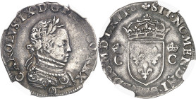 FRANCE / CAPÉTIENS
Charles IX (1560-1574). Demi-teston 6e type dit “morveux”, cuirasse damasquinée 1562, OA, Orléans.
NGC AU 53 (5787364-003).
Av. ...