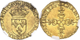 FRANCE / CAPÉTIENS
Henri III (1574-1589). Écu d’or au soleil 1587, K, Bordeaux.
NGC UNC DETAILS CLEANED (5788890-028).
Av. (à 6 h.) HENRICVS. III. ...