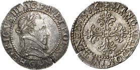 FRANCE / CAPÉTIENS
Henri III (1574-1589). Demi-franc au col plat, antidaté 1586 (1591-1592), G, Poitiers.
NGC MS 63 (6630860-002).
Av. (à 6 h) HENR...