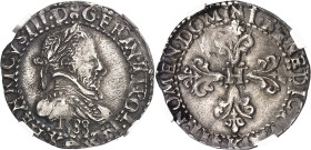 FRANCE / CAPÉTIENS
Henri III (1574-1589). Quart de franc au col plat 1588, K, Bordeaux.
NGC AU DETAILS REV SCRATCHED (5788889-009).
Av. (à 7h.) HEN...