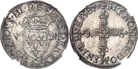 FRANCE / CAPÉTIENS
Henri III (1574-1589). huitième d’écu, écu de face 1587, G, Poitiers.
NGC AU 58 (5788890-011).
Av. HENRICVS. III. D G FR. E POL....