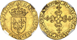 FRANCE / CAPÉTIENS
Henri IV (1589-1610). Écu d’or au soleil, 1er type 1593, H, La Rochelle.
NGC MS 62 (5787364-012).
Av. (à 6 h.) HENRICVS. IIII. D...