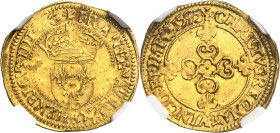FRANCE / CAPÉTIENS
Henri IV (1589-1610). Demi-écu d’or au soleil, 1er type 1595, B, Rouen.
NGC MS 61 (5787364-011).
Av. (à 6 h.) HENRICVS. IIII. D....