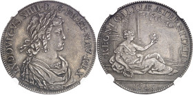 FRANCE / CAPÉTIENS
Louis XIV (1643-1715). Essai du demi-écu à la France contemplant une monnaie frappée au Moulin, par Jean Warin 1645, Paris.
NGC A...