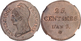 FRANCE
Convention (1792-1795). Essai de 25 centimes Dupré An 3 (1794-1795), Paris.
NGC MS 63 (6141383-005).
Av. REPUBLIQUE FRANCAISE. Buste de la L...