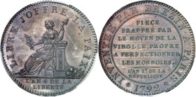 FRANCE
Convention (1792-1795). Essai de Brézin à la Paix An 4 - 1792, Paris.
PCGS SP65BN (44002902).
Av. LIBRE J'OFFRE LA PAIX. La Liberté assise à...