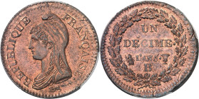FRANCE
Directoire (1795-1799). Un décime Dupré An 5 (1796), B, Rouen.
PCGS MS64RB (44002900).
Av. REPUBLIQUE FRANÇAISE. Buste de République à gauch...