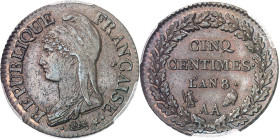 FRANCE
Directoire (1795-1799). Cinq centimes Dupré, grand module An 8 (1799), AA, Metz.
PCGS MS63BN (44002899).
Av. REPUBLIQUE FRANÇAISE. Buste de ...