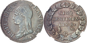 FRANCE
Directoire (1795-1799). Cinq centimes Dupré, grand module An 8, G, Genève.
NGC MS 64 BN (5787365-015).
Av. REPUBLIQUE FRANÇAISE. Buste de Ré...