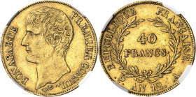 FRANCE
Consulat (1799-1804). 40 francs Bonaparte, Premier Consul, grènetis fin avec olive An 12, A, Paris.
NGC AU 58 (6389235-019).
Av. BONAPARTE P...