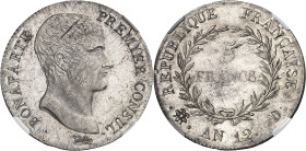 FRANCE
Consulat (1799-1804). 5 francs Bonaparte An 12, D, Lyon.
NGC MS 65 (5790008-008).
Av. BONAPARTE PREMIER CONSUL. Tête nue à droite, au-dessou...
