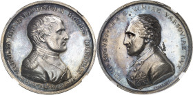 FRANCE
Premier Empire / Napoléon Ier (1804-1814). Médaille, visite de Napoléon Ier à Dresde avec Frédéric-Auguste de Saxe, par Hoeckner 1807, Dresde....