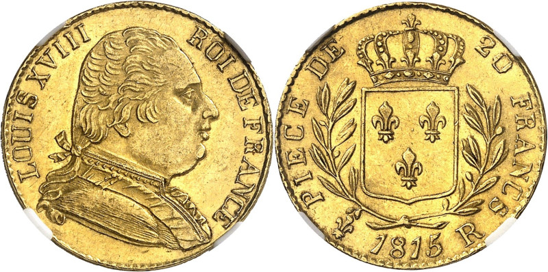 FRANCE
Louis XVIII (1814-1824). 20 francs buste habillé 1815, R, Londres.
NGC ...
