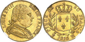 FRANCE
Louis XVIII (1814-1824). 20 francs buste habillé 1815, R, Londres.
NGC MS 61 (6062289-003).
Av. LOUIS XVIII ROI DE FRANCE. Buste habillé à d...