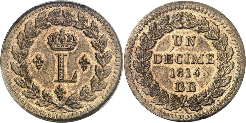 FRANCE
Louis XVIII (1814-1824). Un décime à l’L couronnée, refrappe ? 1814, BB,...