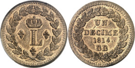 FRANCE
Louis XVIII (1814-1824). Un décime à l’L couronnée, refrappe ? 1814, BB, Strasbourg.
PCGS MS64 (RESTRICKE) (43256286).
Av. Grande L couronné...