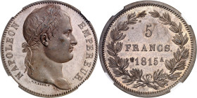 FRANCE
Cent-Jours / Napoléon Ier (mars-juillet 1815). Essai de 5 francs Empire par J.-P. Droz, Flan bruni (PROOF) 1815, A, Paris.
NGC PF 63 BN (5787...