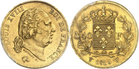 FRANCE
Louis XVIII (1814-1824). 40 francs 1819, W, Lille.
PCGS AU 58 (44002720).
Av. LOUIS XVIII ROI DE FRANCE. Tête nue de Louis XVIII à droite, a...