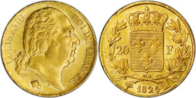 FRANCE
Louis XVIII (1814-1824). 20 francs tête nue 1824, MA, Marseille.
PCGS AU DETAILS CLEANED (44849758).
Av. LOUIS XVIII ROI DE FRANCE. Tête nue...
