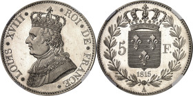 FRANCE
Louis XVIII (1814-1824). Essai de 5 francs, concours de 1815, par Tiolier, Flan bruni (PROOF) 1815, A, Paris.
NGC PF 62 CAMEO (5788891-010)....