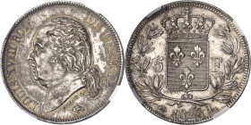 FRANCE
Louis XVIII (1814-1824). 5 francs buste nu 1823, L, Bayonne.
NGC MS 63 (5788889-017).
Av. LOUIS XVIII ROI DE FRANCE. Tête nue à gauche, au-d...