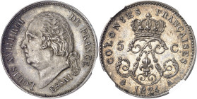 FRANCE
Louis XVIII (1814-1824). Essai de 5 centimes pour les colonies françaises 1824, A, Paris.
NGC MS 62 (5788889-025).
Av. LOUIS XVIII ROI - DE ...