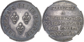 FRANCE
Charles X (1824-1830). Module de 5 francs, essai de virole brisée par Moreau ND (1824), Paris.
NGC MS 63 (6389234-092).
Av. CHARLES X ROI DE...