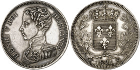 FRANCE
Henri V (1820-1883). 5 francs 1831, Bruxelles (Würden).
Av. HENRI V ROI DE FRANCE. Buste en uniforme à gauche d’Henri V, signature G. C. 
Rv...