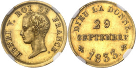 FRANCE
Henri V (1820-1883). Module d’1/2 franc en Or, pour la majorité du duc de Bordeaux, prétendant au trône de France 1833.
NGC UNC DETAILS EDGE ...