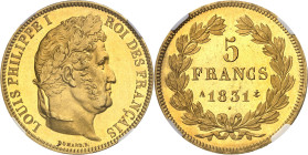 FRANCE
Louis-Philippe Ier (1830-1848). 5 francs Domard, frappe en Or, tranche en relief, Flan bruni (PROOF) 1831, A, Paris.
NGC PF 62 CAMEO (6066353...