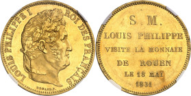 FRANCE
Louis-Philippe Ier (1830-1848). Module de 5 francs en Or, visite de la monnaie de Rouen, aspect Flan bruni (PROOFLIKE) 1831, B, Rouen.
NGC MS...