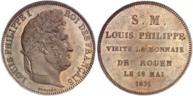 FRANCE
Louis-Philippe Ier (1830-1848). Module de 5 francs, visite de la monnaie de Rouen 1831, B, Rouen.
PCGS SP65BN (27925715).
Av. LOUIS PHILIPPE...