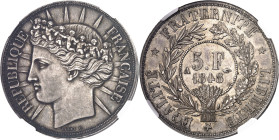 FRANCE
IIe République (1848-1852). Essai de 5 francs, concours de 1848, par Barre 1848, Paris.
NGC MS 64 (5790008-028).
Av. REPUBLIQUE FRANÇAISE. T...