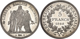 FRANCE
IIe République (1848-1852). Épreuve en argent de 5 francs Hercule, tranche en relief, Flan bruni (PROOF) 1848, A, Paris.
PCGS PR64DCAM (19925...
