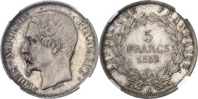 FRANCE
IIe République (1848-1852). 5 francs Louis-Napoléon Bonaparte 1852, A, Paris.
NGC MS 64 (5788889-023).
Av. (différent) LOUIS-NAPOLEON BONAPA...