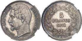 FRANCE
IIe République (1848-1852). 5 francs J. J. BARRE, 2e épreuve, tranche en relief 1852, A, Paris.
NGC MS 65 (5785796-007).
Av. (différent) LOU...