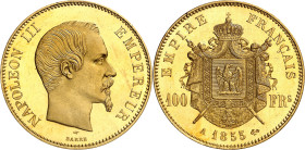 FRANCE
Second Empire / Napoléon III (1852-1870). 100 francs tête nue, Flan bruni (PROOF) 1855, A, Paris.
Av. NAPOLEON III EMPEREUR. Tête nue à droit...